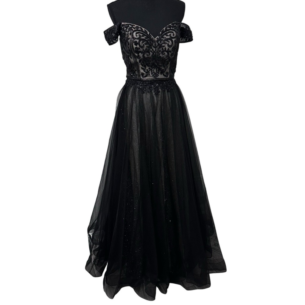 Soleblue Black Lace Sequins Maxi Dress Size Small Formal Gown Wedding Lined